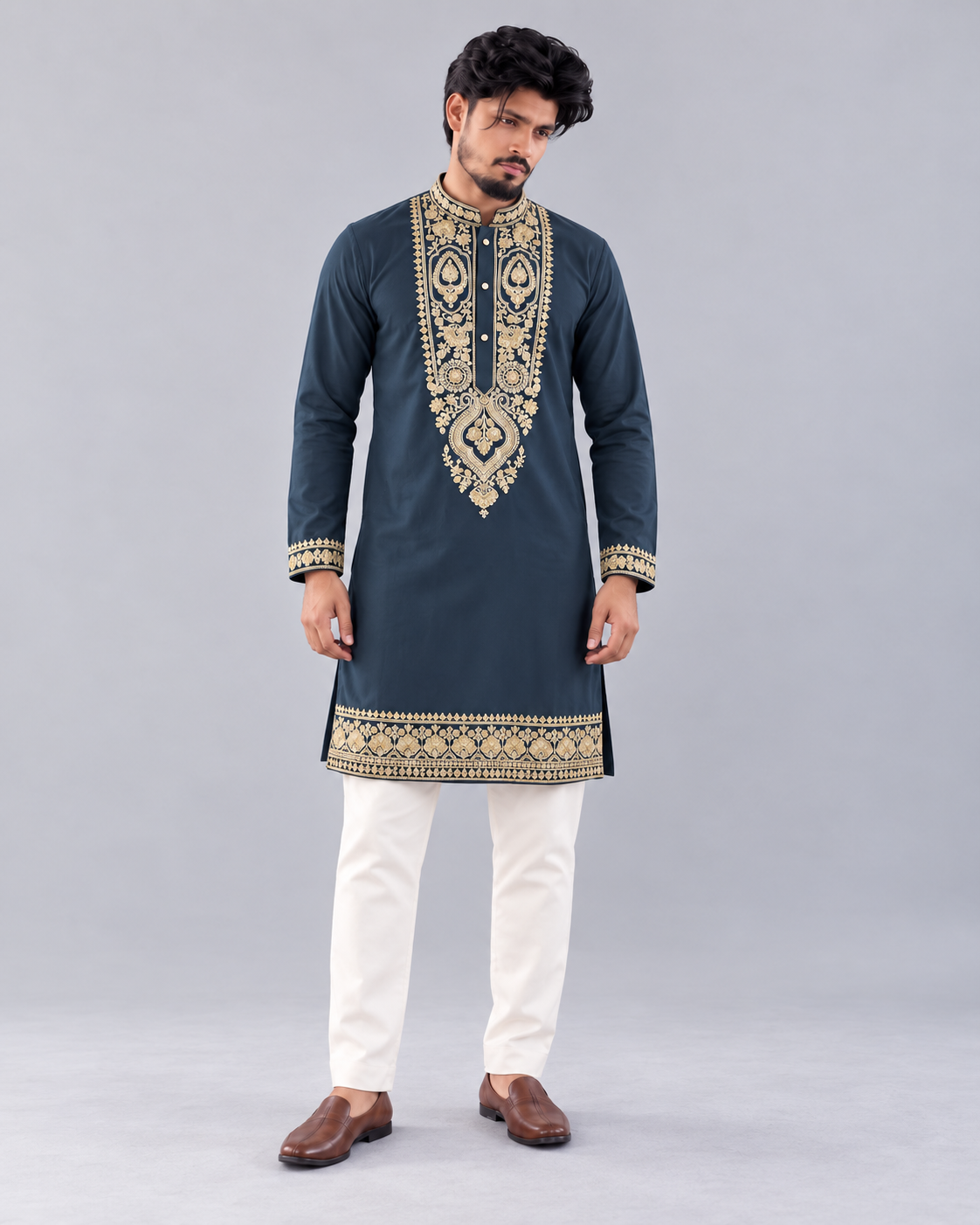 Slate grey men's kurta set with gold embroidery, corrected from actual worn reference