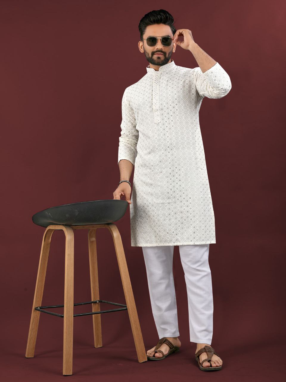 Men’s Lucknowi Chikankari Kurta Set with Pants – Festive & Wedding Ready