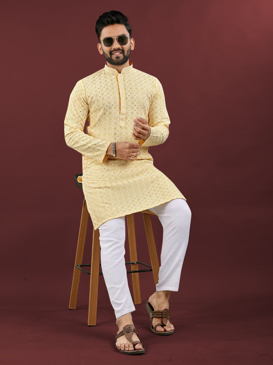 Men’s Lucknowi Chikankari Kurta Set with Pants – Festive & Wedding Ready