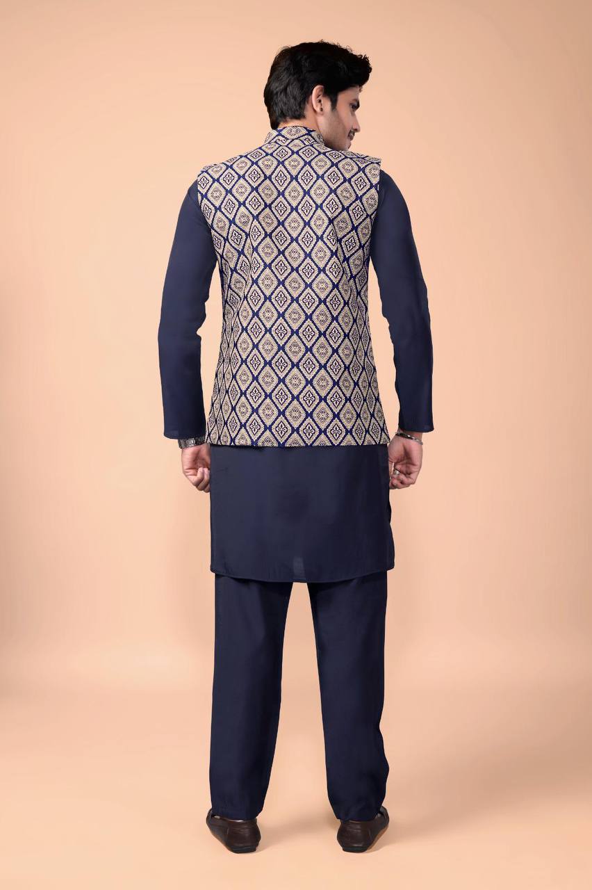 Navy Blue Nehru Jacket with Kurta Set