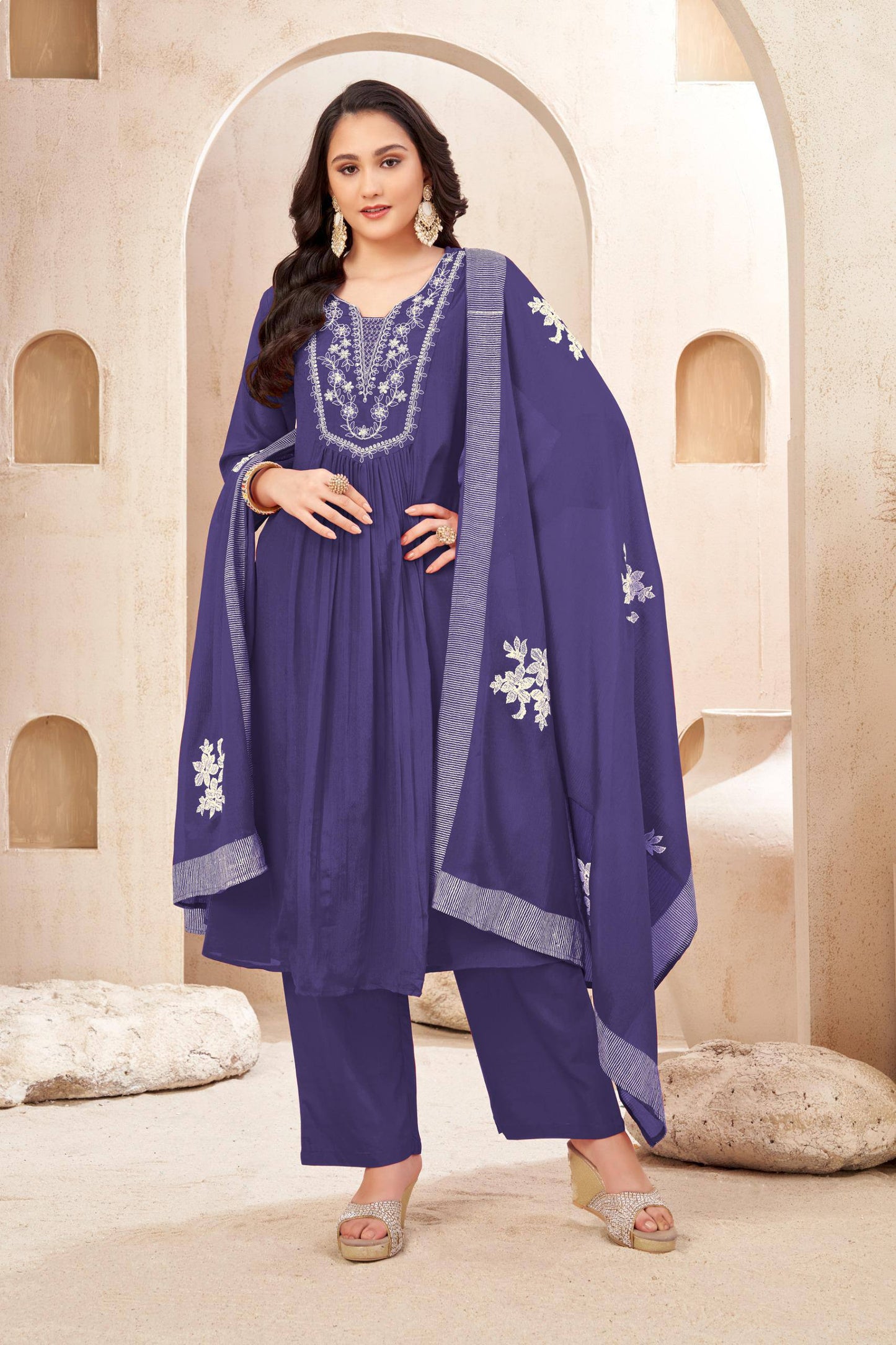 Chinon Embroidered Kurti Set with Dupatta
