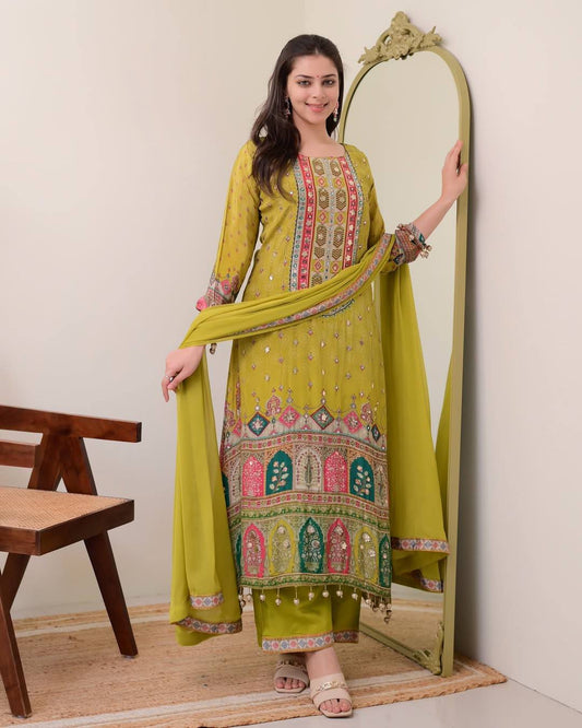Green Embroidered Chinon Kurti Set with Dupatta