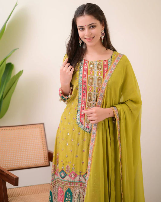 Green Embroidered Chinon Kurti Set with Dupatta