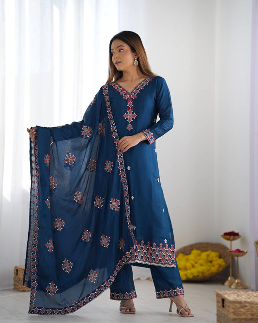 Embroidered Chinnon Silk Suit Set with Dupatta