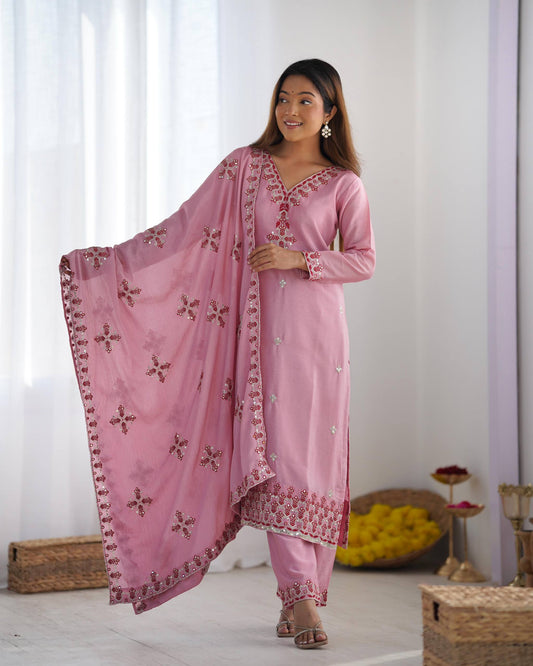 Embroidered Chinnon Silk Suit Set with Dupatta
