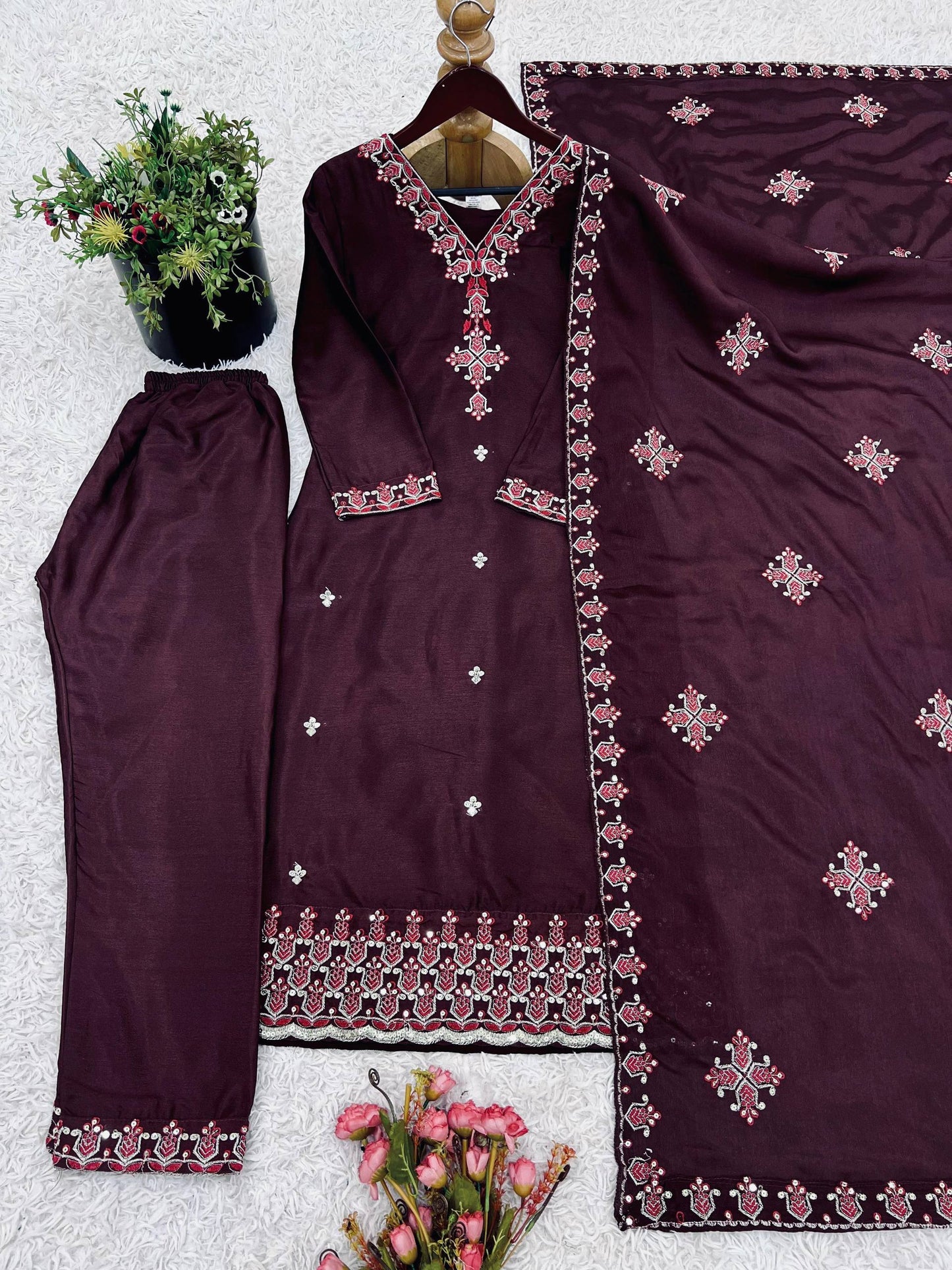 Embroidered Chinnon Silk Suit Set with Dupatta