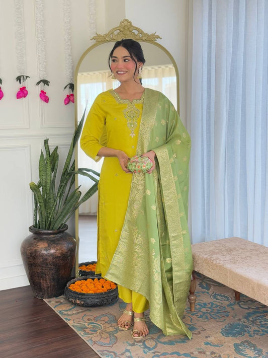 Lime Yellow Chanderi Kurti Set with Dupatta