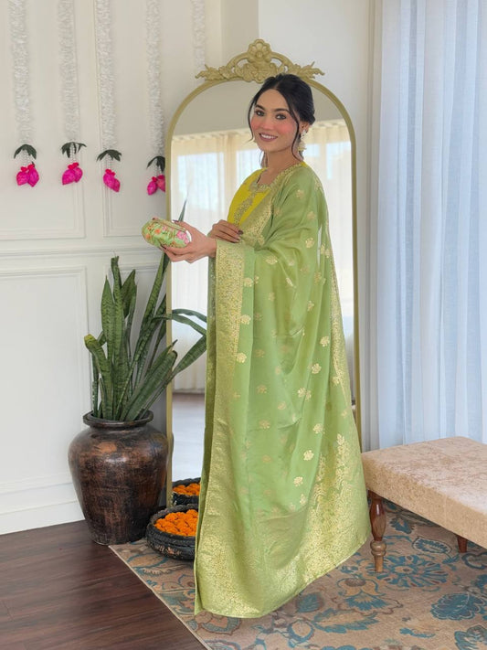 Lime Yellow Chanderi Kurti Set with Dupatta