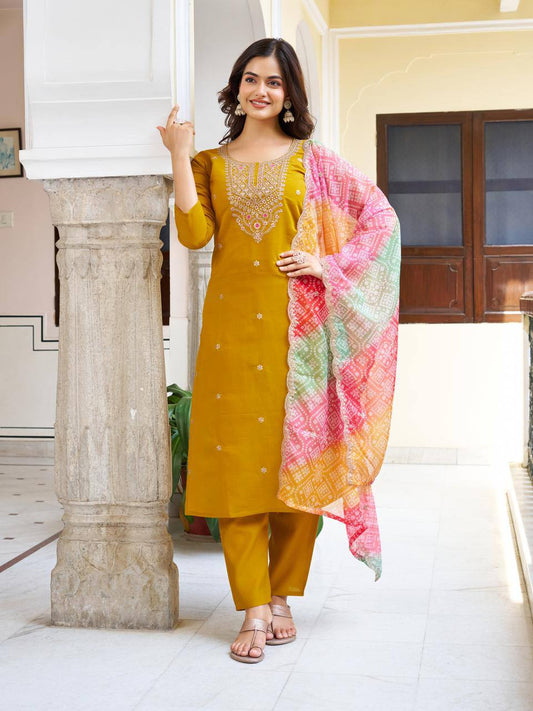 Mustard Viscose Chanderi Kurti Set with Dupatta