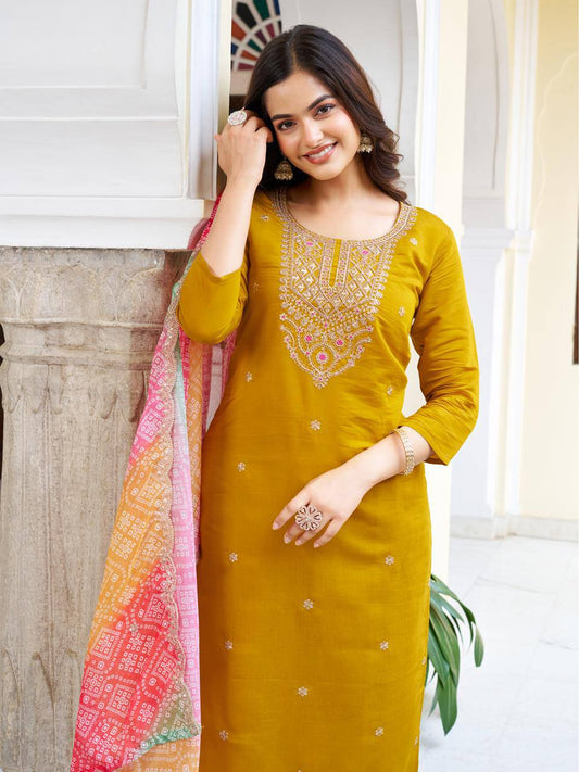 Mustard Viscose Chanderi Kurti Set with Dupatta