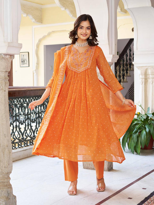 Embroidered Kurti Set with Dupatta - Orange | Olive