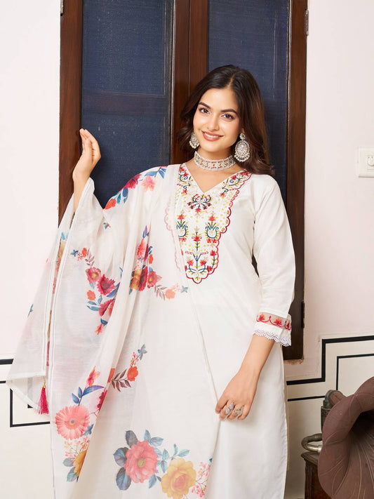 White Floral Embroidered Chanderi Suit Set with Dupatta