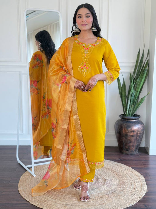 Mustard Yellow Embroidered Kurti Suit with Dupatta