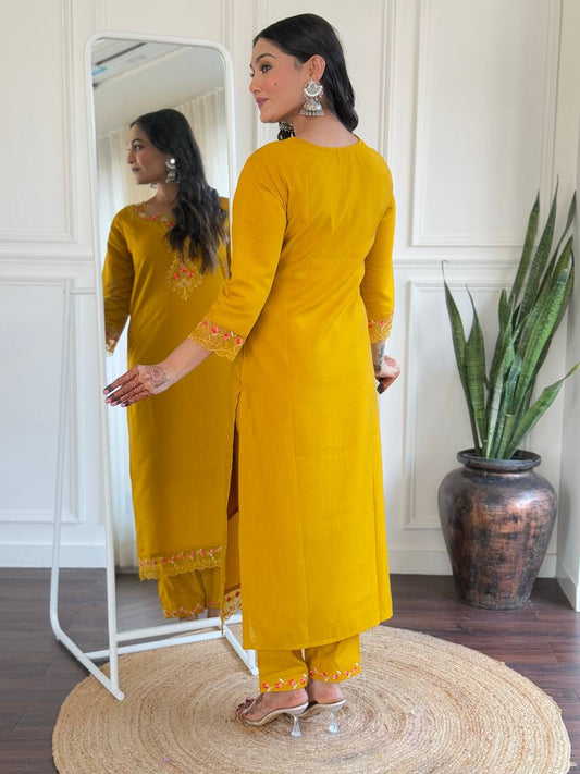 Mustard Yellow Embroidered Kurti Suit with Dupatta