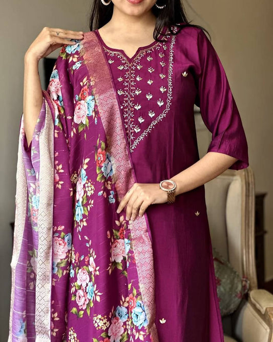 Purple Embroidered Kurti Set with Floral Dupatta