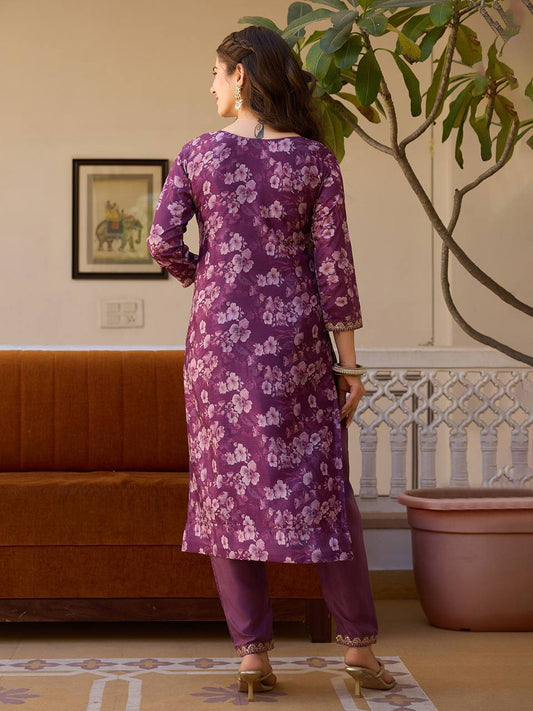 Floral Embroidered Chinon Suit Set with Sequins