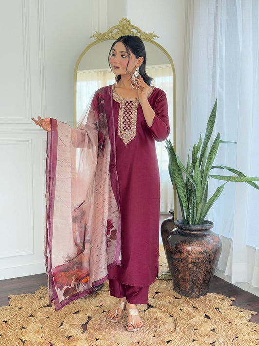 Embroidered Wine Rayon Kurti Set with Dupatta