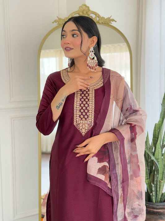 Embroidered Wine Rayon Kurti Set with Dupatta