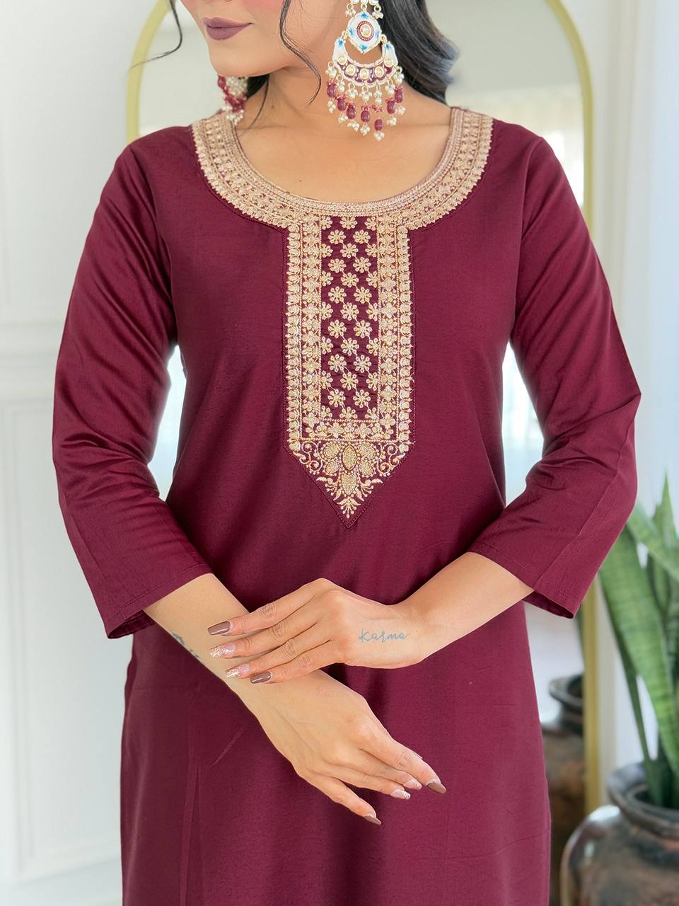 Embroidered Wine Rayon Kurti Set with Dupatta