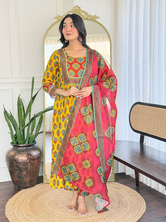 Yellow & Red Printed Kurti Set