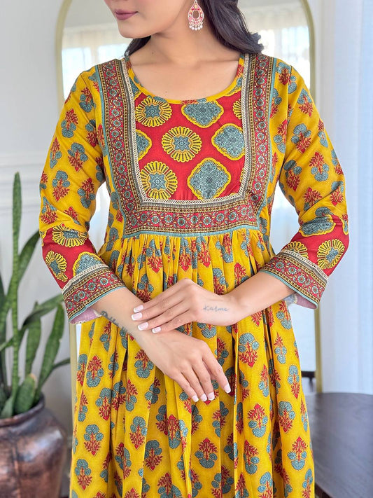 Yellow & Red Printed Kurti Set
