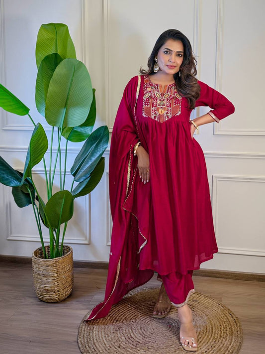 Wine Embroidered Kurti Set with Chinon Dupatta
