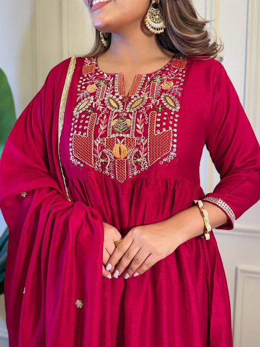 Wine Embroidered Kurti Set with Chinon Dupatta