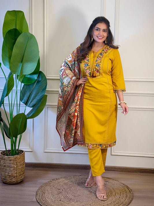 Mustard Viscose Embroidered Kurti Set with Dupatta