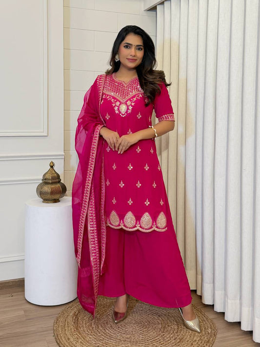 Embroidered Kurti Set with Dupatta - Fuchsia Pink
