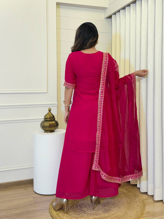 Embroidered Kurti Set with Dupatta - Fuchsia Pink