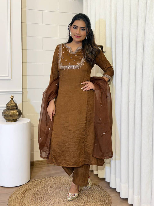 Embroidered Vichitra Silk Kurta Set - Coffee Brown
