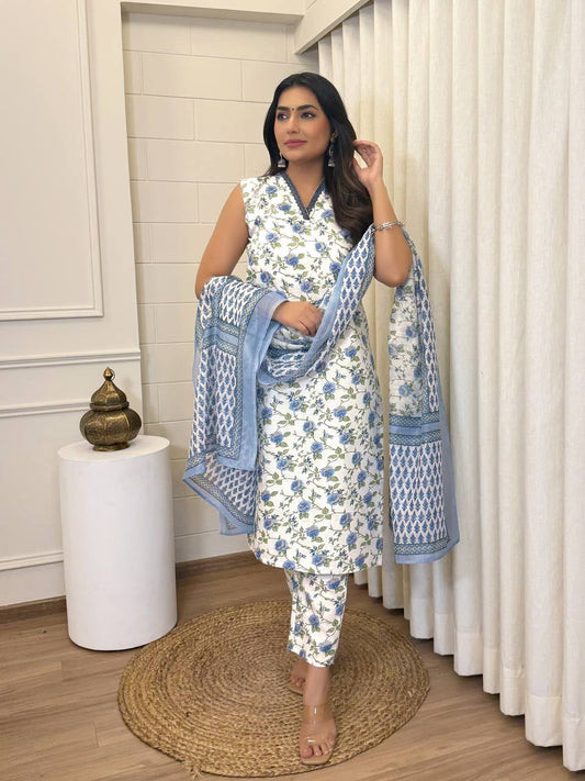 Floral Bliss Cotton Slub Kurti Set with Chanderi Dupatta