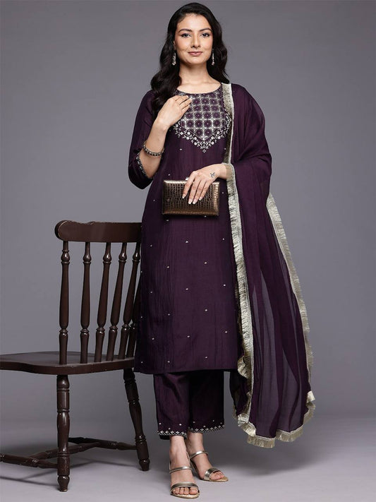 Purple Embroidered Kurti Set with Matching Dupatta 💜