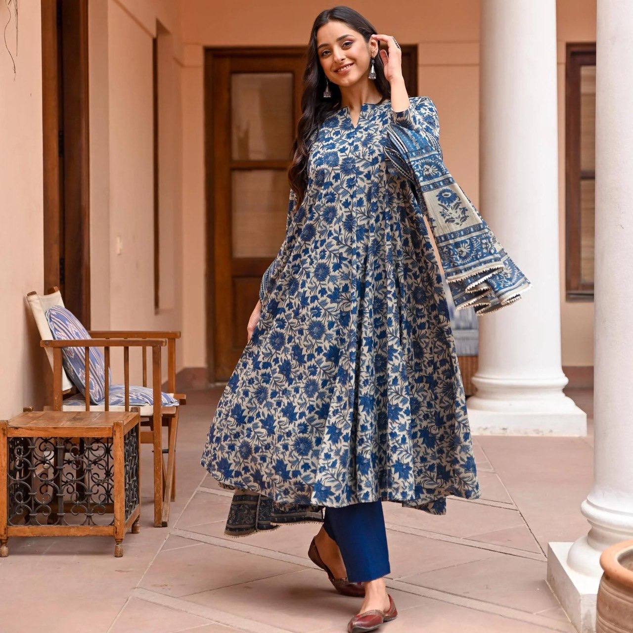 Blue Rayon Printed Kurti Pant with Dupatta