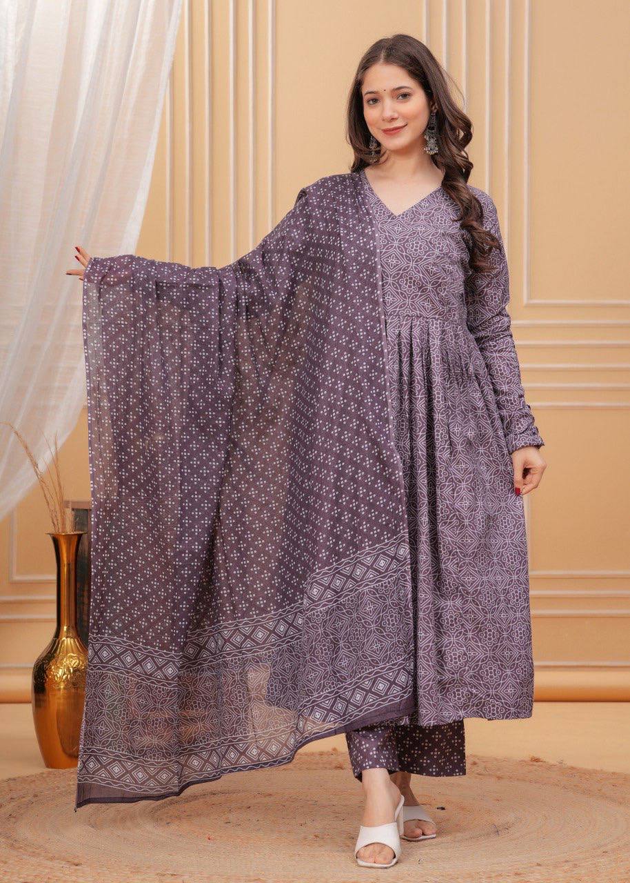 Purple Rayon Printed Kurti Pant with Dupatta