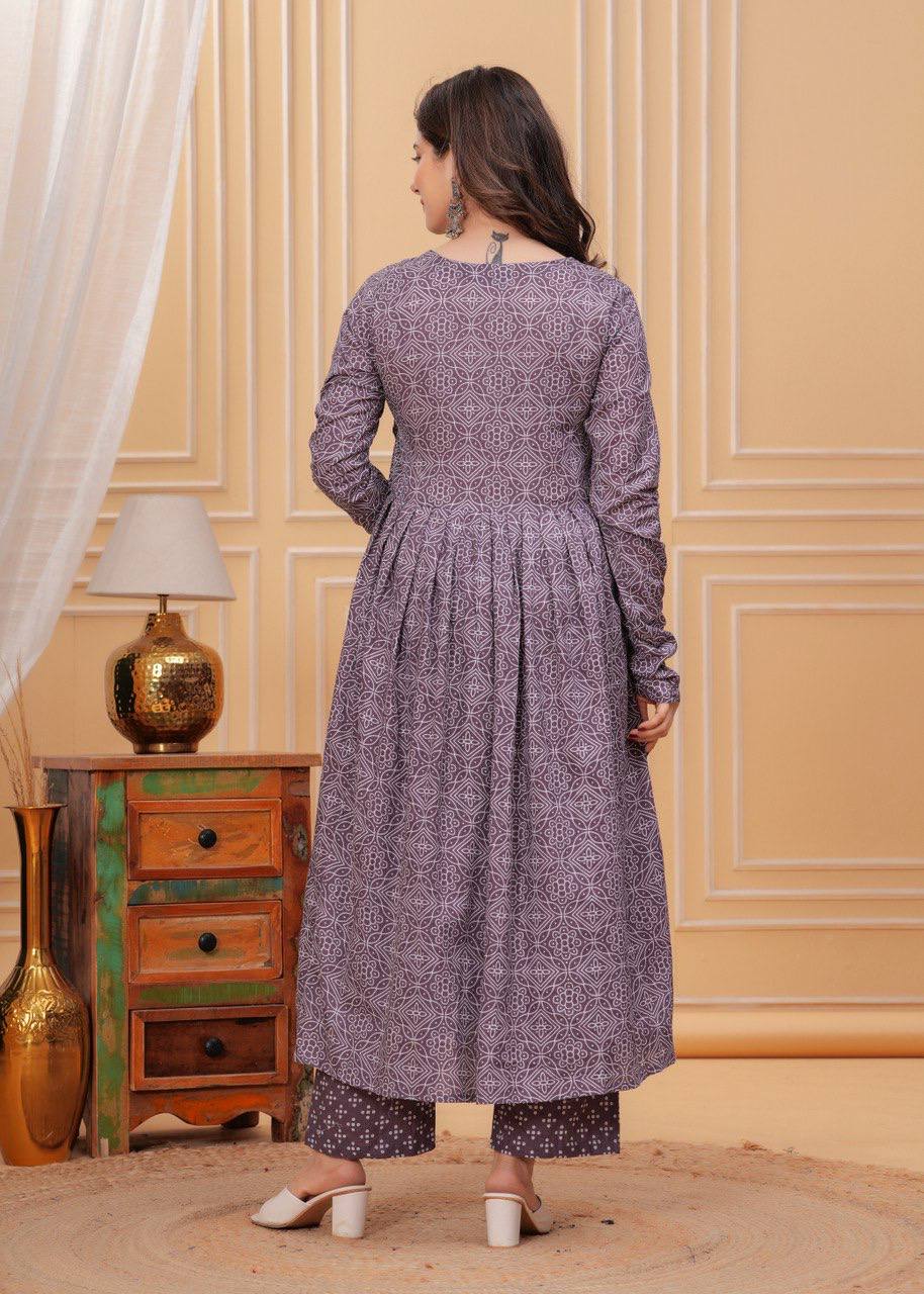 Purple Rayon Printed Kurti Pant with Dupatta