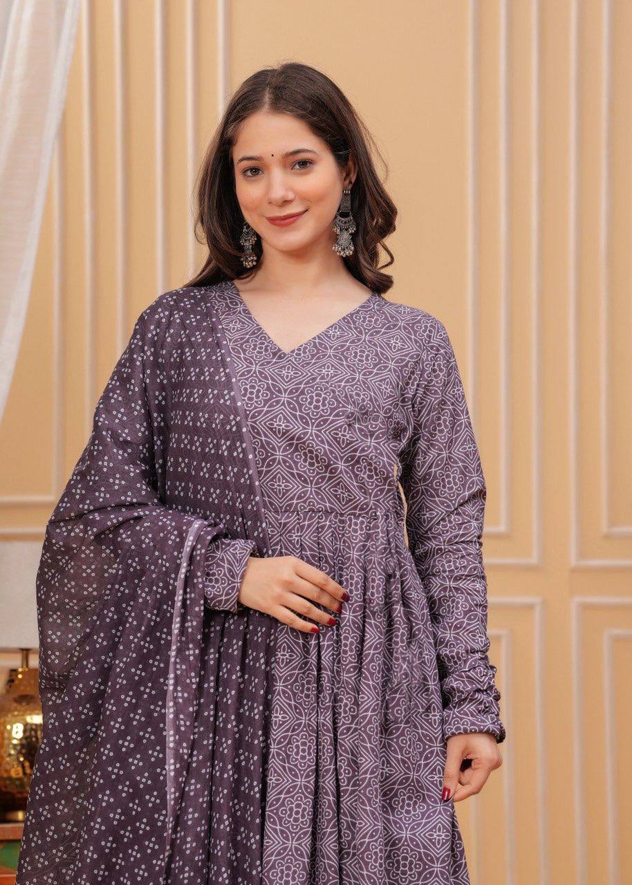 Purple Rayon Printed Kurti Pant with Dupatta