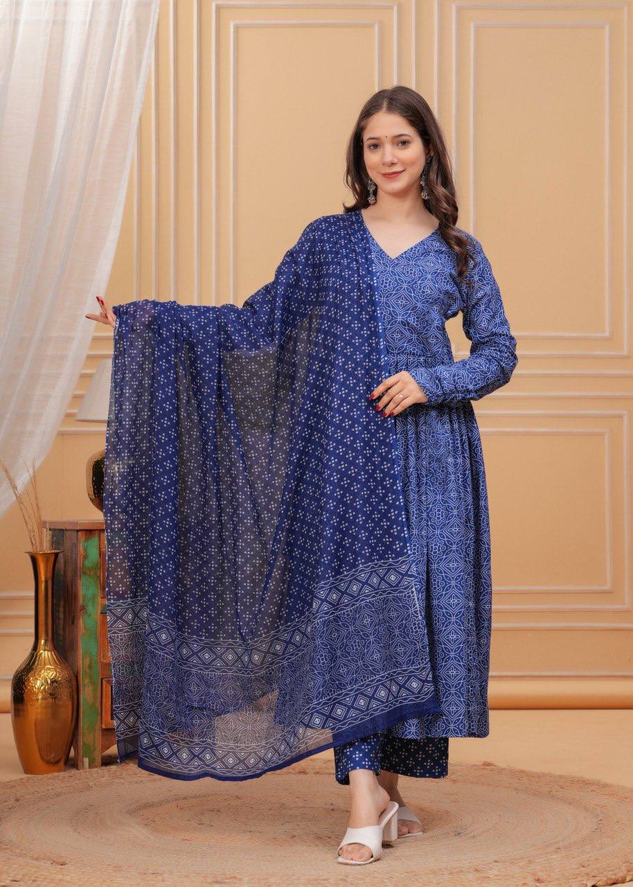 Blue Rayon Printed Kurti Pant with Dupatta