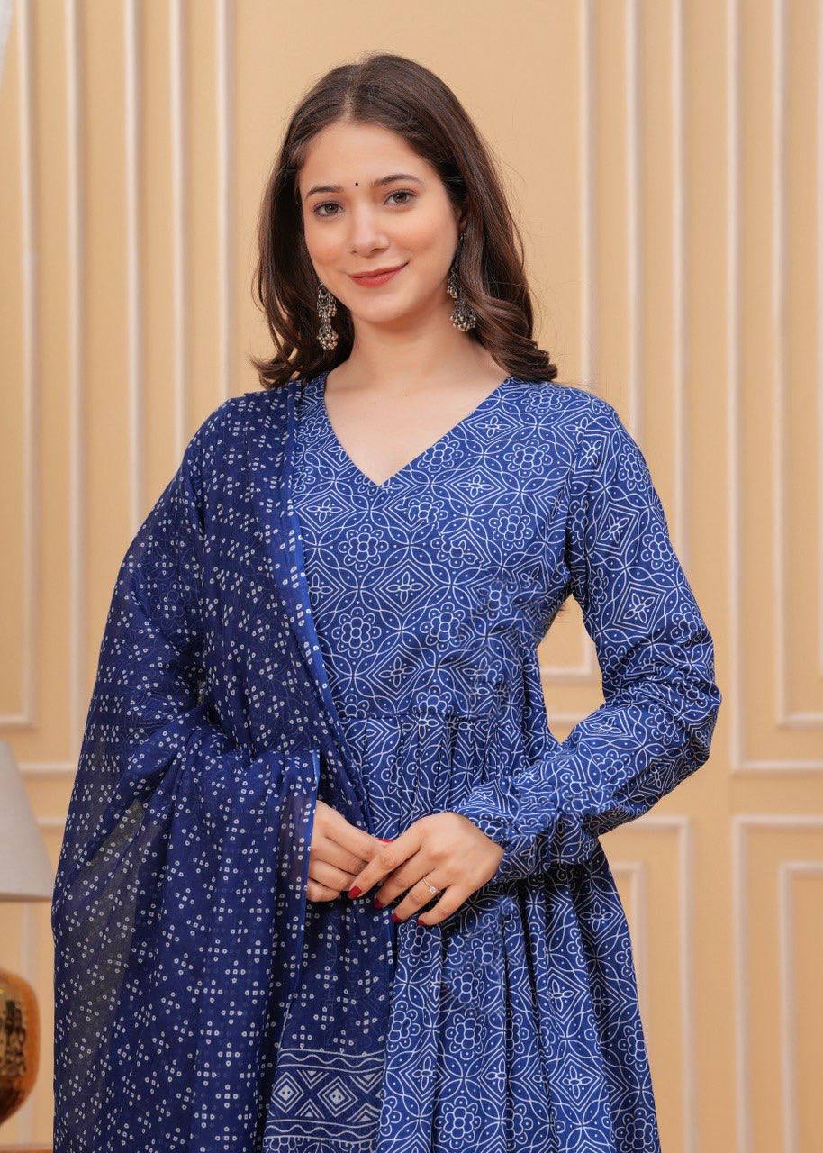 Blue Rayon Printed Kurti Pant with Dupatta