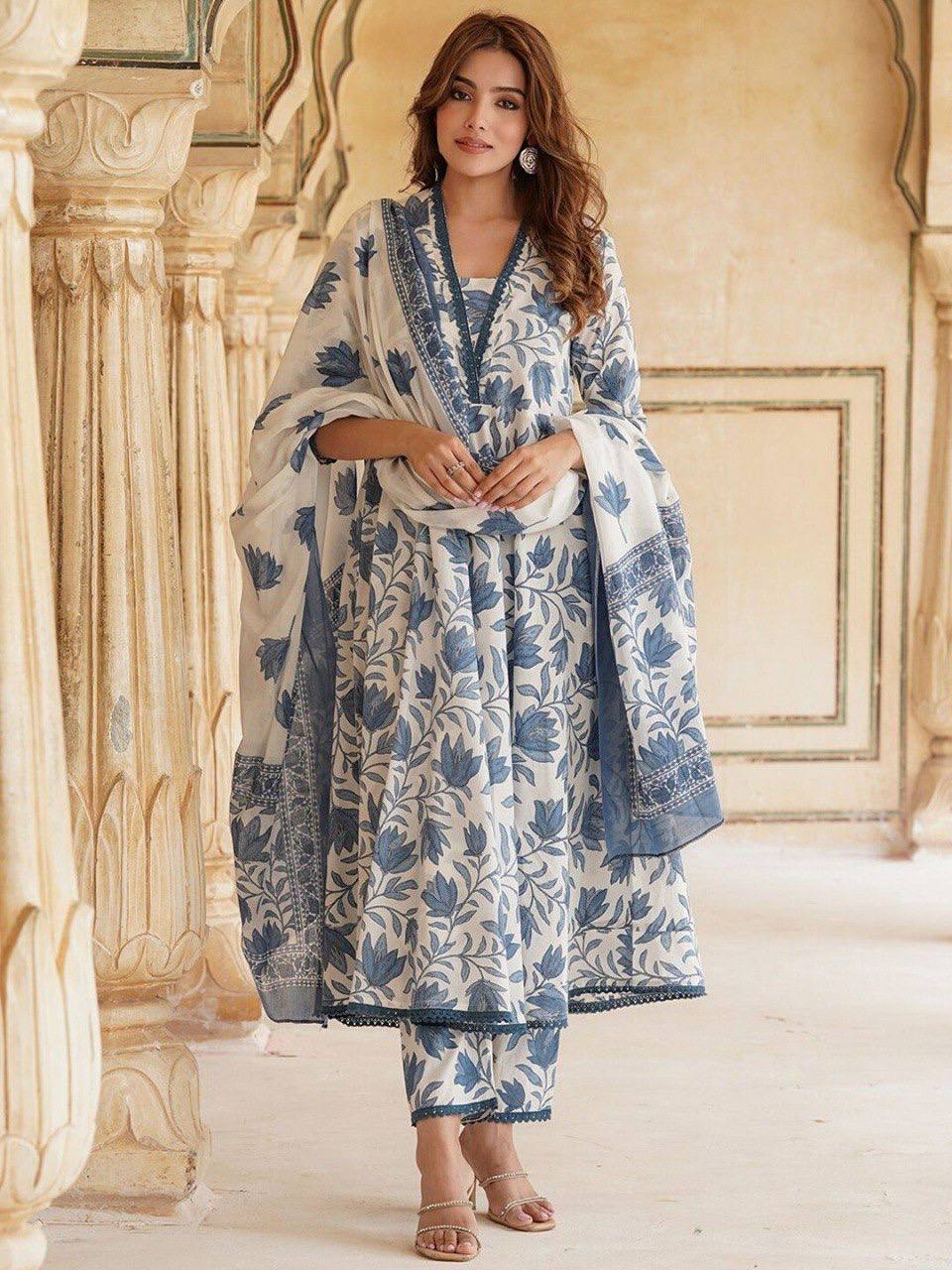 White & Blue Kurti, Pant with Dupatta