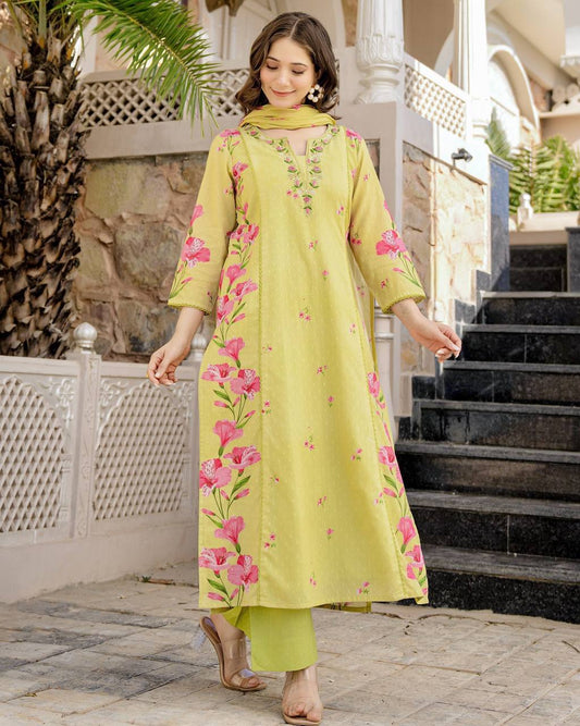 Floral Printed Lemon Kurti Pants Set