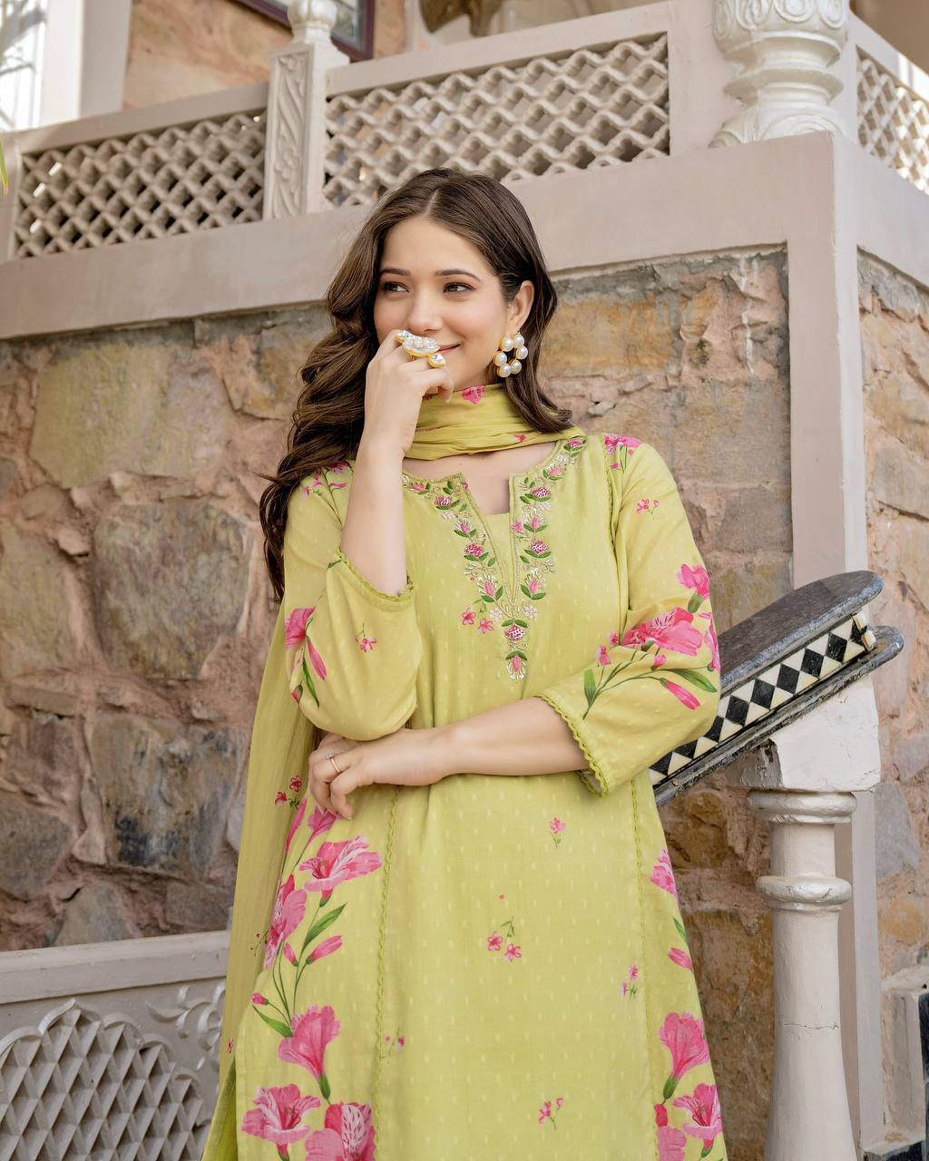 Floral Printed Lemon Kurti Pants Set