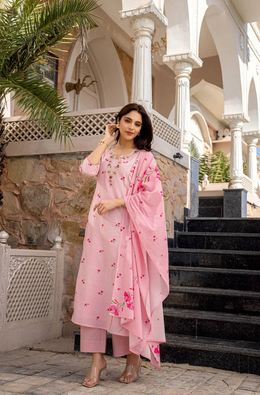 Pink Printed Kurti Pants Set