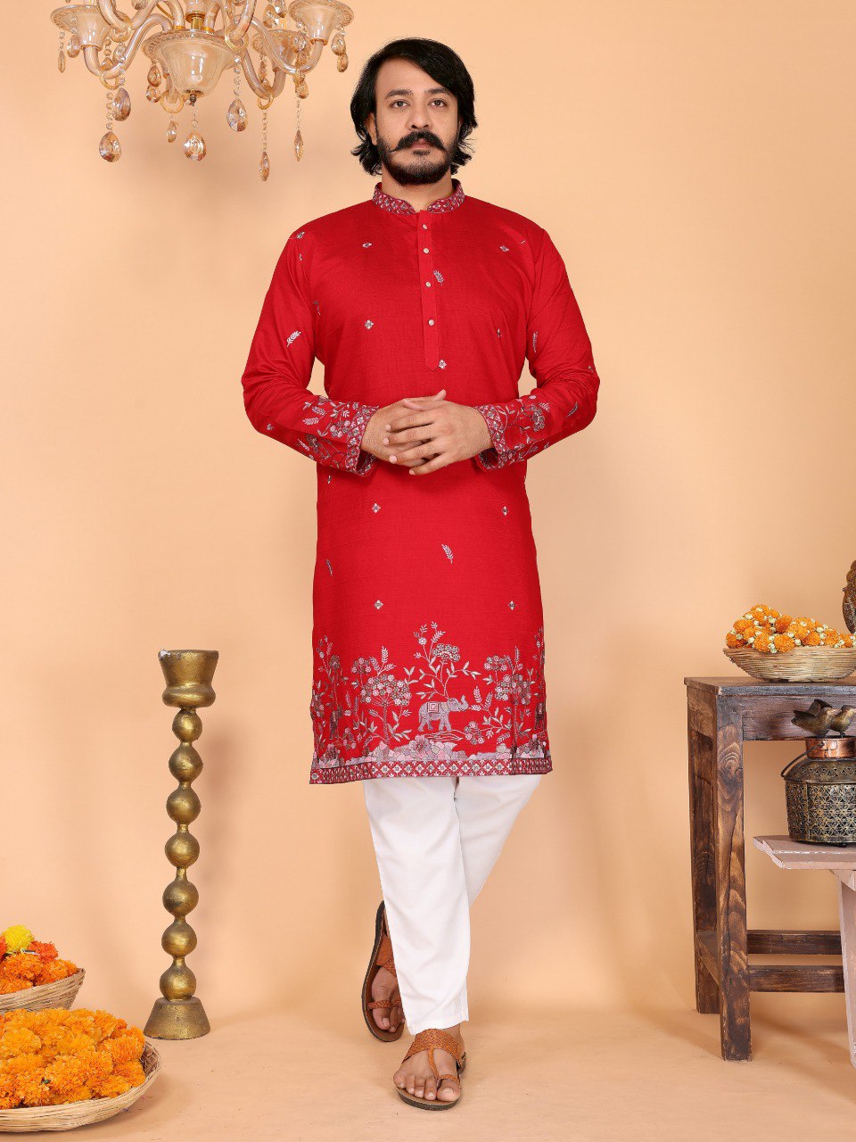 Men Linen Cotton Kurta with Pants Set