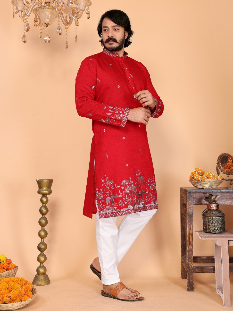 Men Linen Cotton Kurta with Pants Set