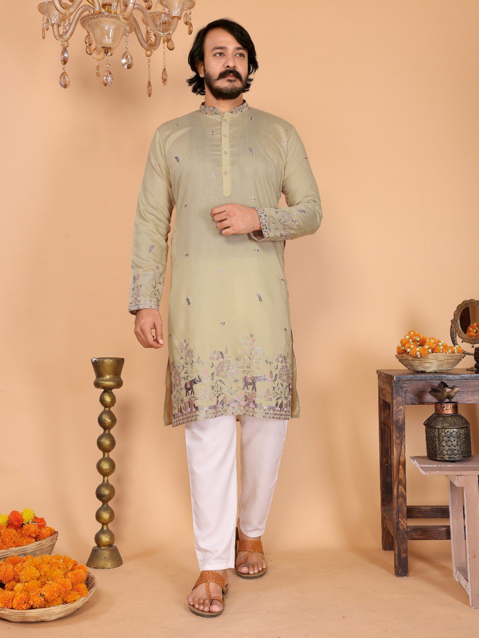 Men Linen Cotton Kurta with Pants Set