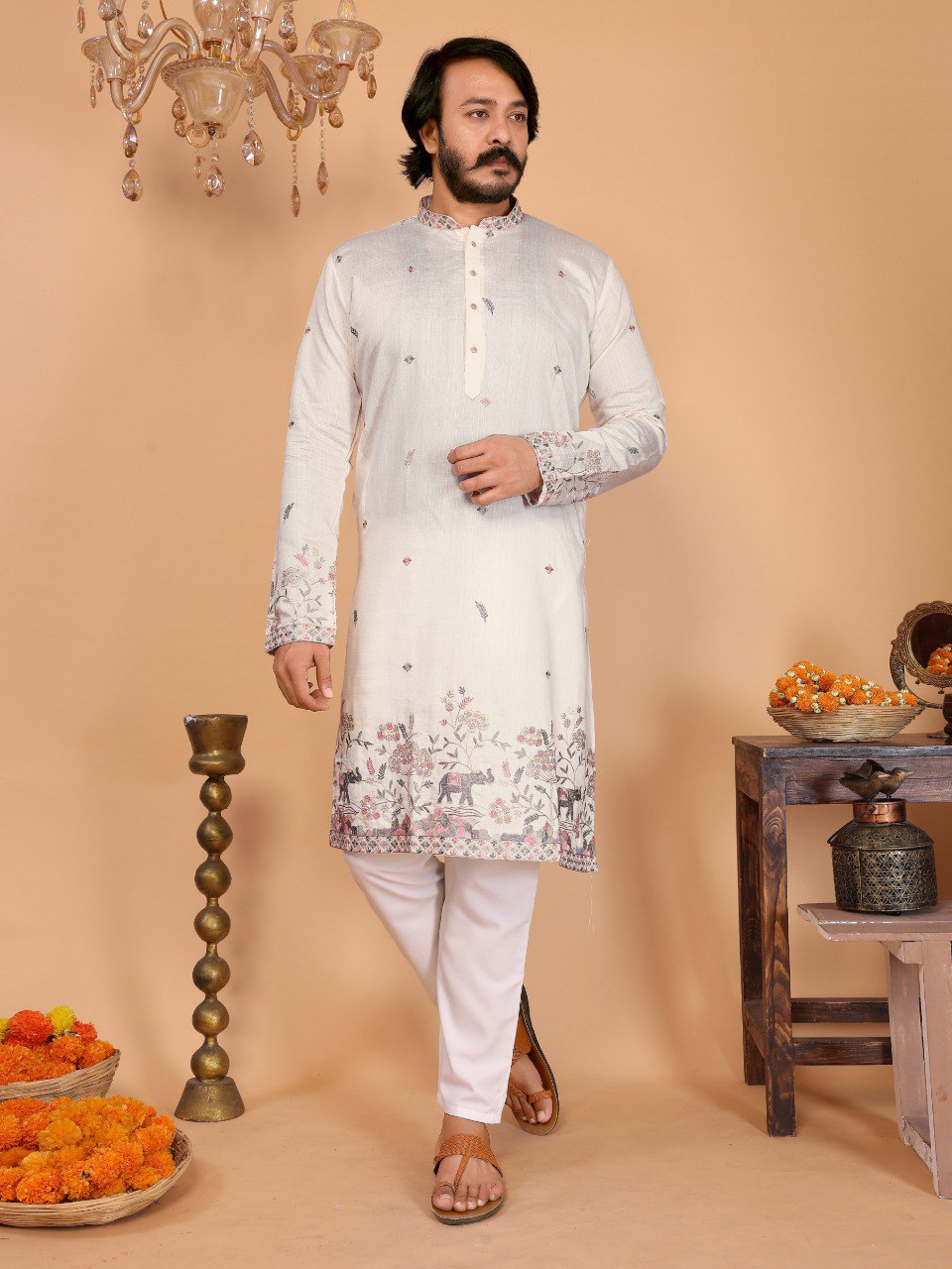 Men Linen Cotton Kurta with Pants Set