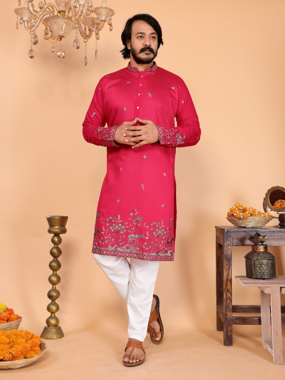 Men Linen Cotton Kurta with Pants Set