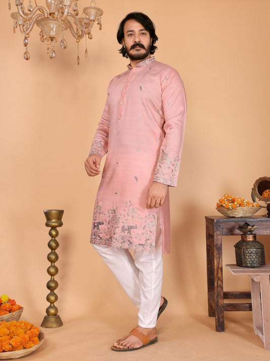 Men Linen Cotton Kurta with Pants Set