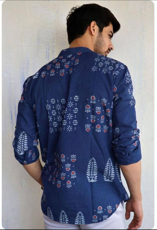Men’s Blue Printed Short Kurta